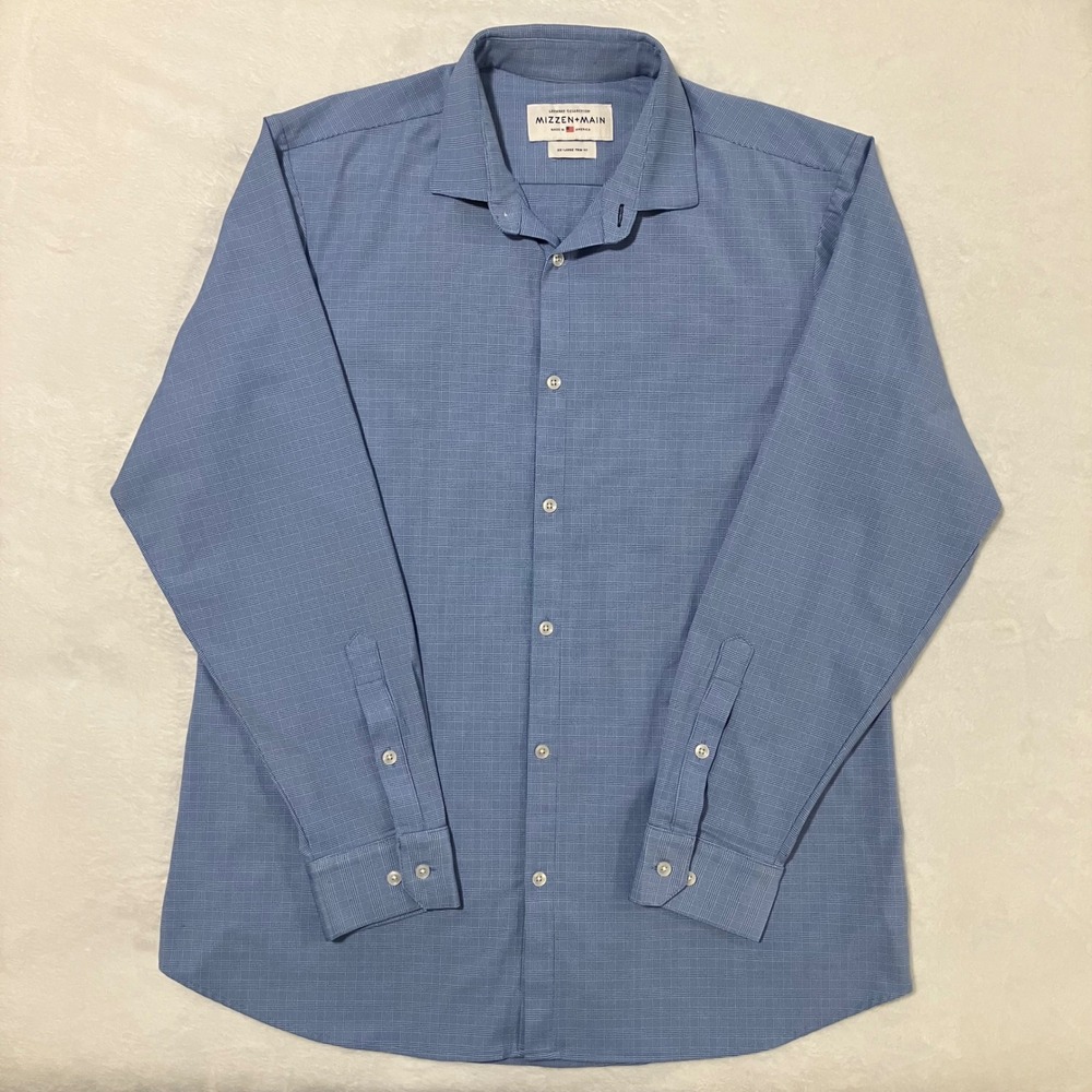 Mizzen+Main Leeward Dress Shirt Men's Size XXL Trim Fit Blue Glen Plaid Stretch